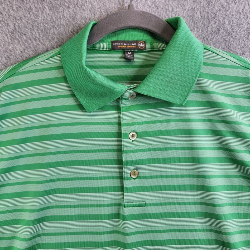 Peter Millar Summer Comfort Polo Shirt Mens Medium Green Striped Stretchy - Picture 2 of 15